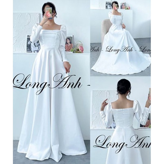 Váy cô dâu đi bàn,đầm cổ vuông tay dài