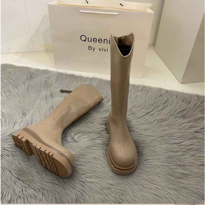 Bốt đùi cao cổ WOMENSTORY giày boots nữ cổ vát da PU mềm khóa sau boot mũi tròn đế dày 5 cm boost thời trang 589