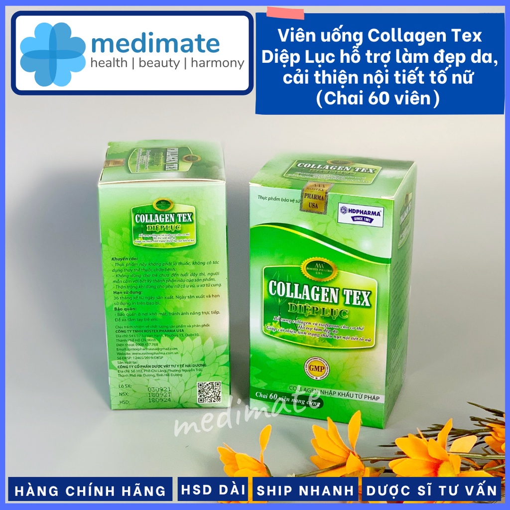 Viên uống Collagen TEX Diệp lục giúp làm đẹp da, làm chậm lão hóa, cải thiện nội tiết tố nữ (Chai 60 viên)