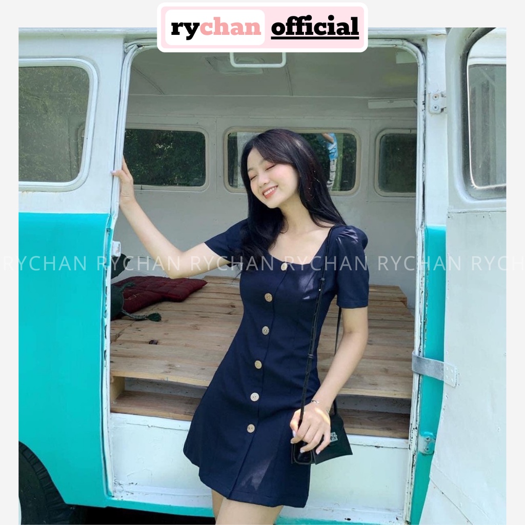Đầm Xòe Cổ Vuông Đính Nút 2 Màu - DX0031
