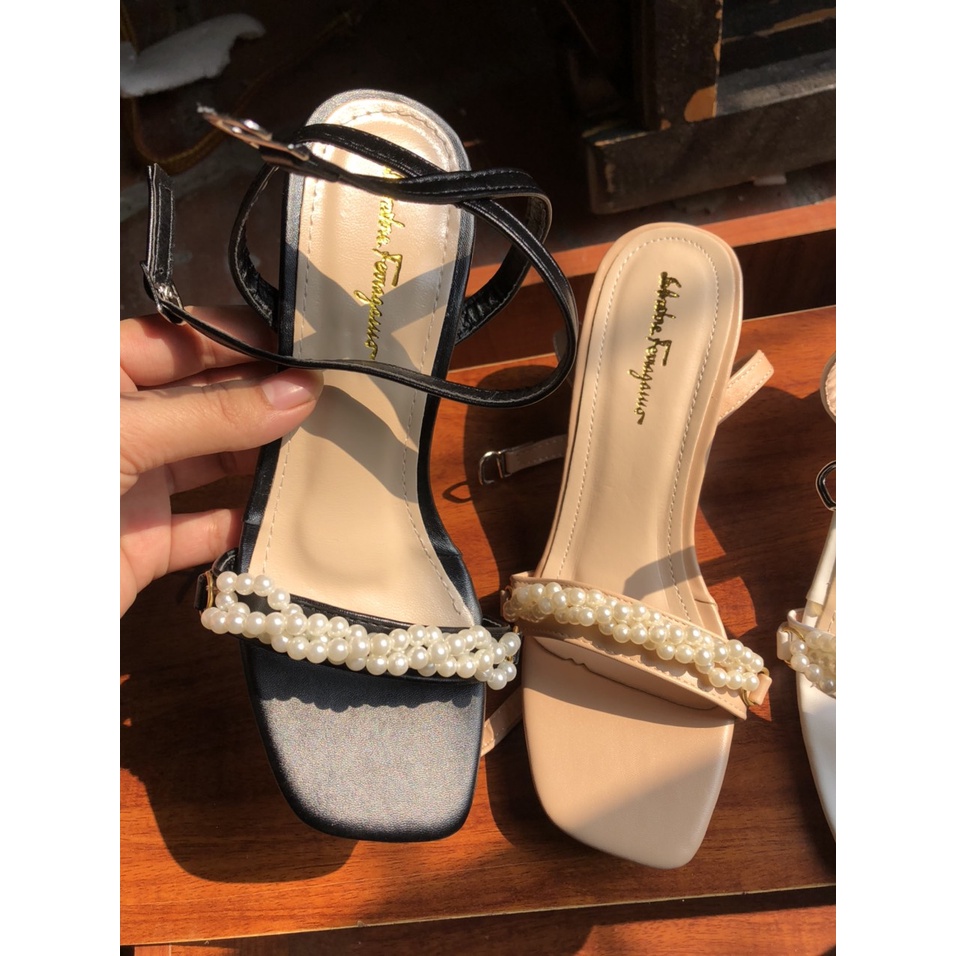 Dép sandal nữ hạt cườm quai chéo gót dẹt 5cm xinh xắn Q63