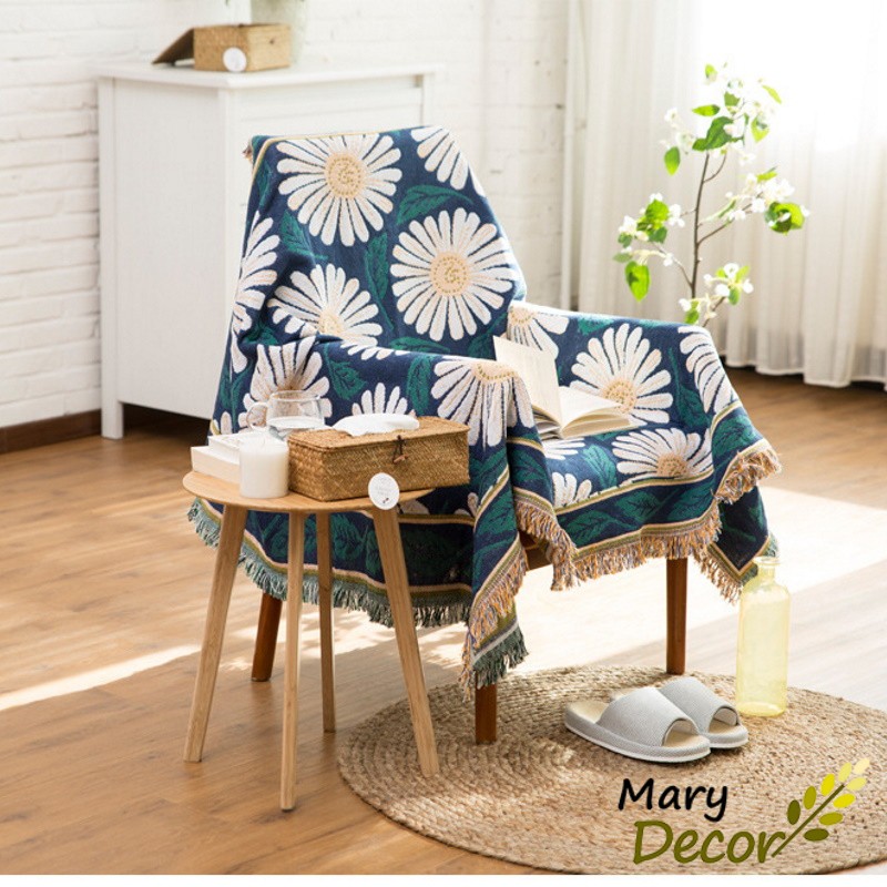 (1.8*2.3m&amp;2.3*2.75m) Khăn phủ ghế sofa vintage nhẹ nhàng tươi sáng Hoa cúc trắng - Blooming Daisy PS05