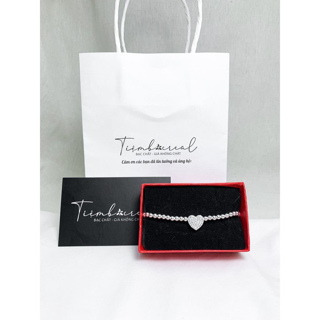 Lắc tay tim dây bi viền đá tinh tế, lắc tay bạc nguyên chất lành tính | BigBuy360 - bigbuy360.vn