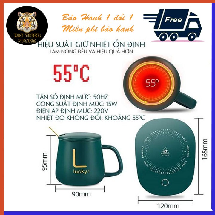 Bộ Cốc Ly Sứ Hâm Nóng Lucky Thông Minh Cao Cấp, Kèm Đế Điện Hâm Cafe, Sữa, Trà Tặng Kèm Thìa Mạ Vàng Tiện Lợi