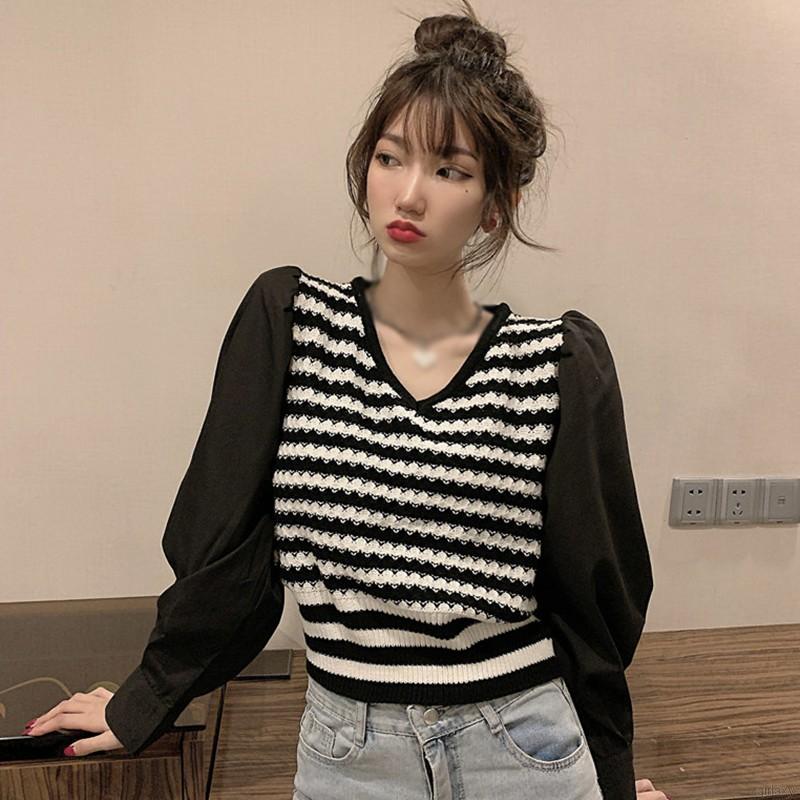 Áo Cotton Dệt Kim Tay Dài Cổ Chữ V Xinh Xắn Chất Lượng Dành Cho Nữ