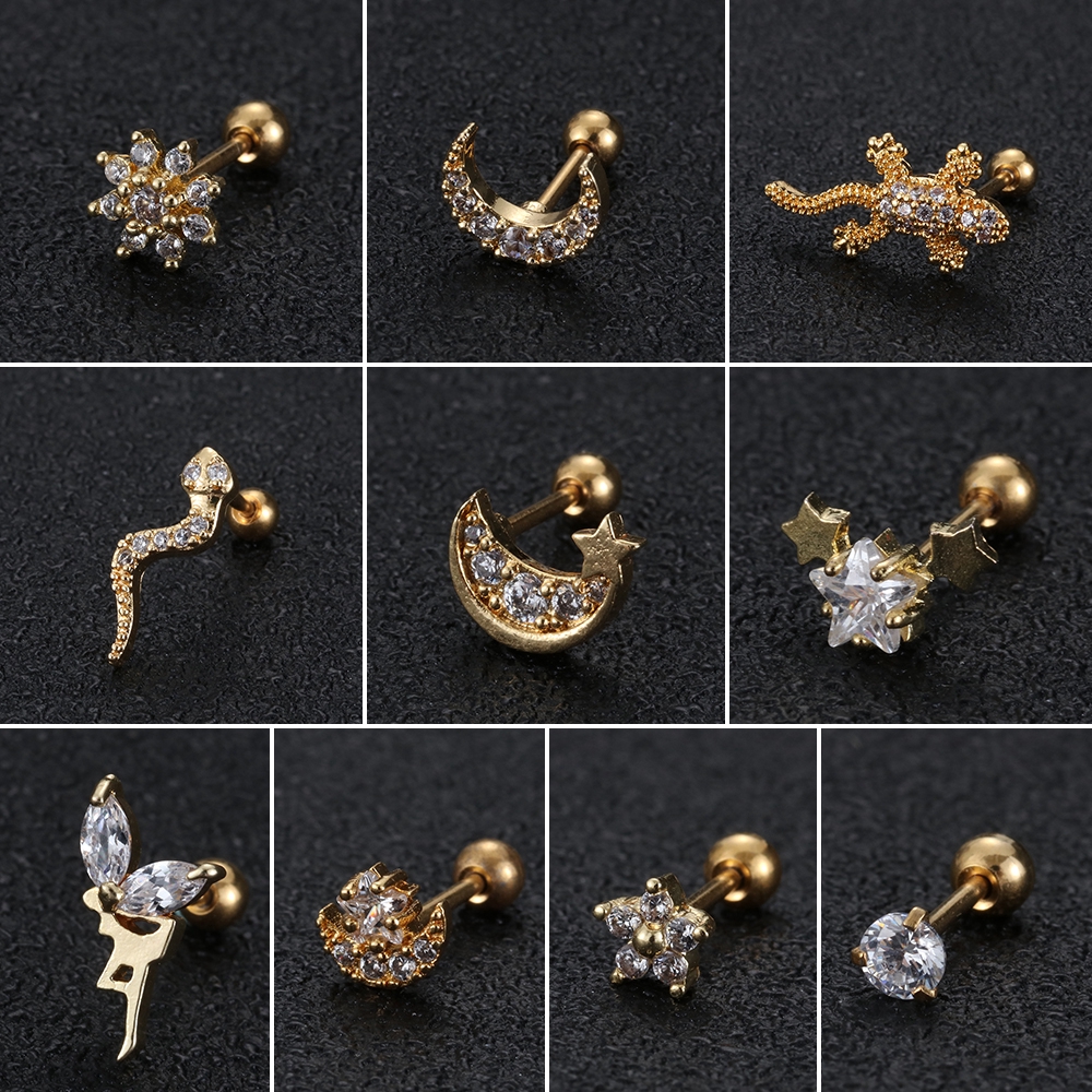 CACTU 1PC Jewelry Snake Helix Piercing Gecko Lizard Moon Star Flower Cartilage Ear Stud