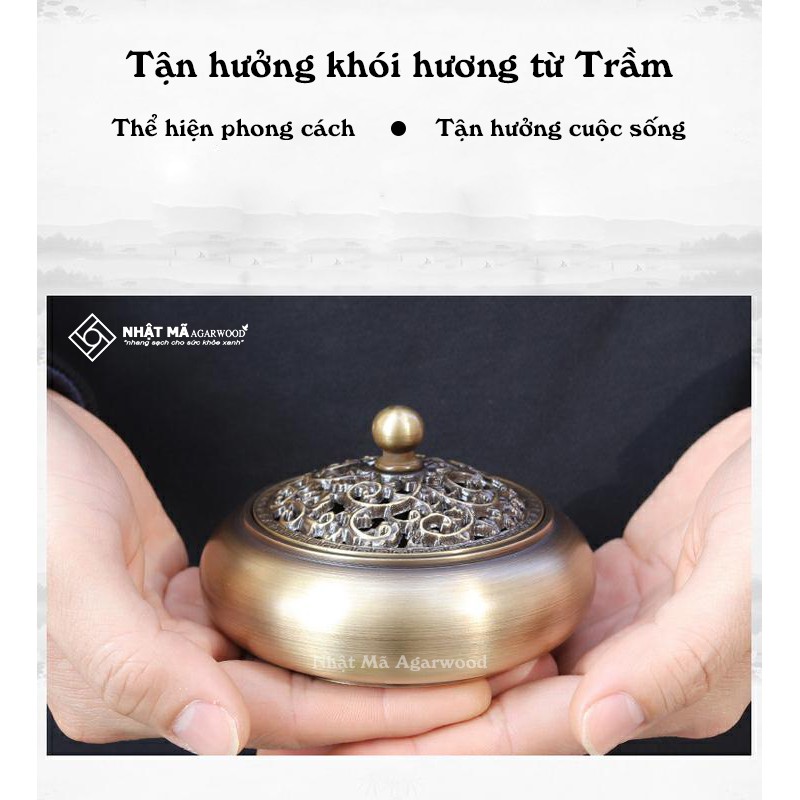 Lư Đồng kèm Đế Đồng đốt nhang vòng, nhang không tăm - Tặng 2 khoanh Nhang Vòng + Búp sen cắm - Chất liệu đồng sang trọng