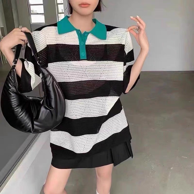 Áo len kẻ ngang vân trám oversize form rộng giấu quần