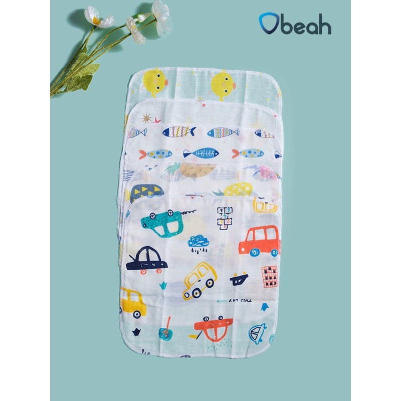 Set 5 khăn sữa cho bé cao cấp, chất liệu Musline hay vải xô mềm mại, thấm hút cực tốt thương hiệu Obeah