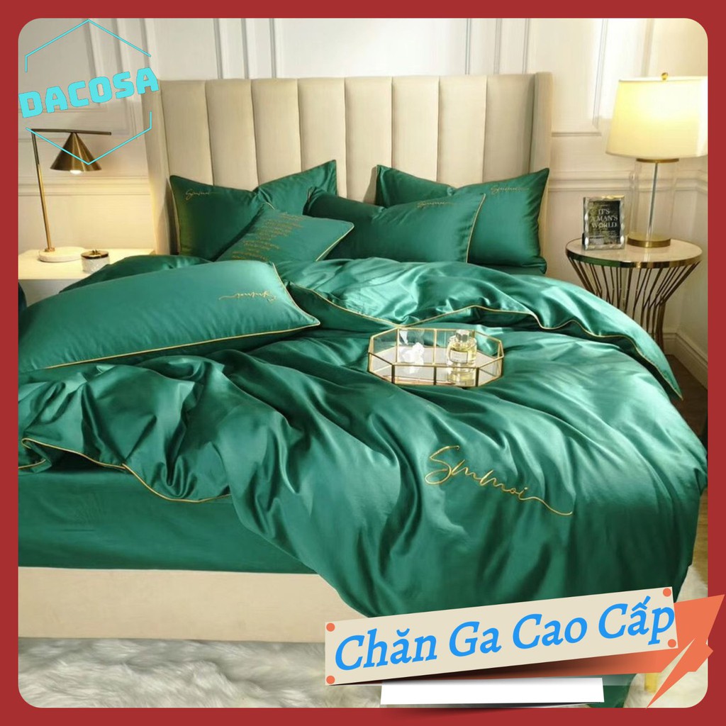 [Giá Sỉ] Bộ Chăn Ga Gối LỤA SUMOI 60S Màu Xanh Rêu Đậm Cao Cấp Khách Sạn
