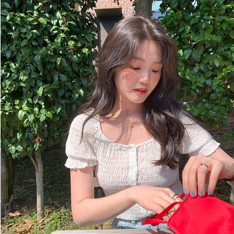 SUXI Áo Croptop Chất Chiffon Tay Ngắn Thiết Kế Thanh Lịch Phong Cách Pháp