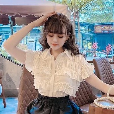 Áo sơ mi nữ form rộng tay ngắn ôm dáng kiểu hàn quốc cộc tay phối ngọc cổ ren tiểu thư - áo sơ mi trắng đi học công sở