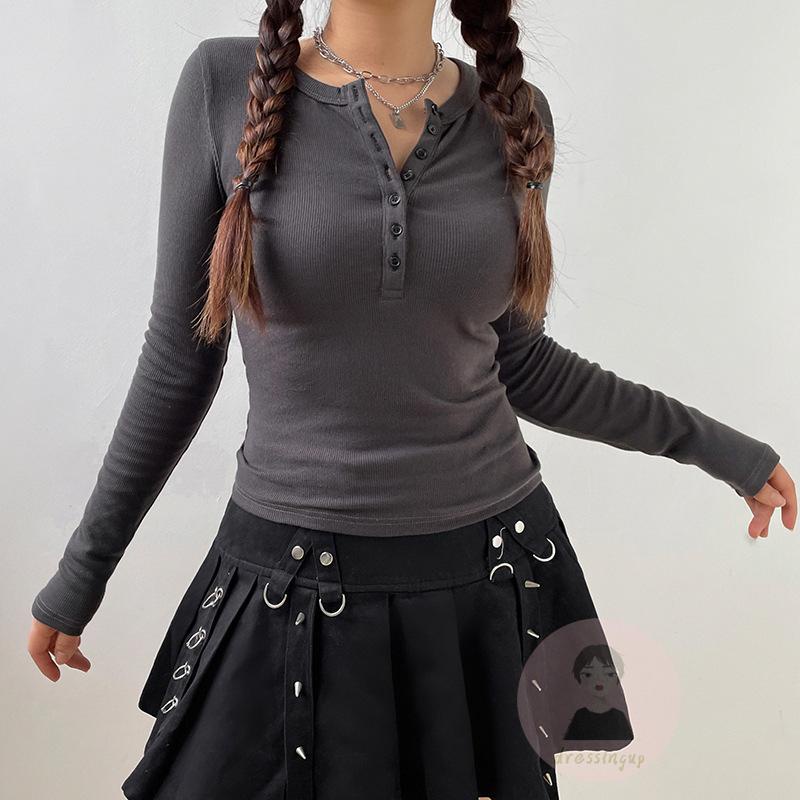 Áo Thun Dài Tay Ôm Dáng Màu Đen Phối Nút Thời Trang Cho Nữ