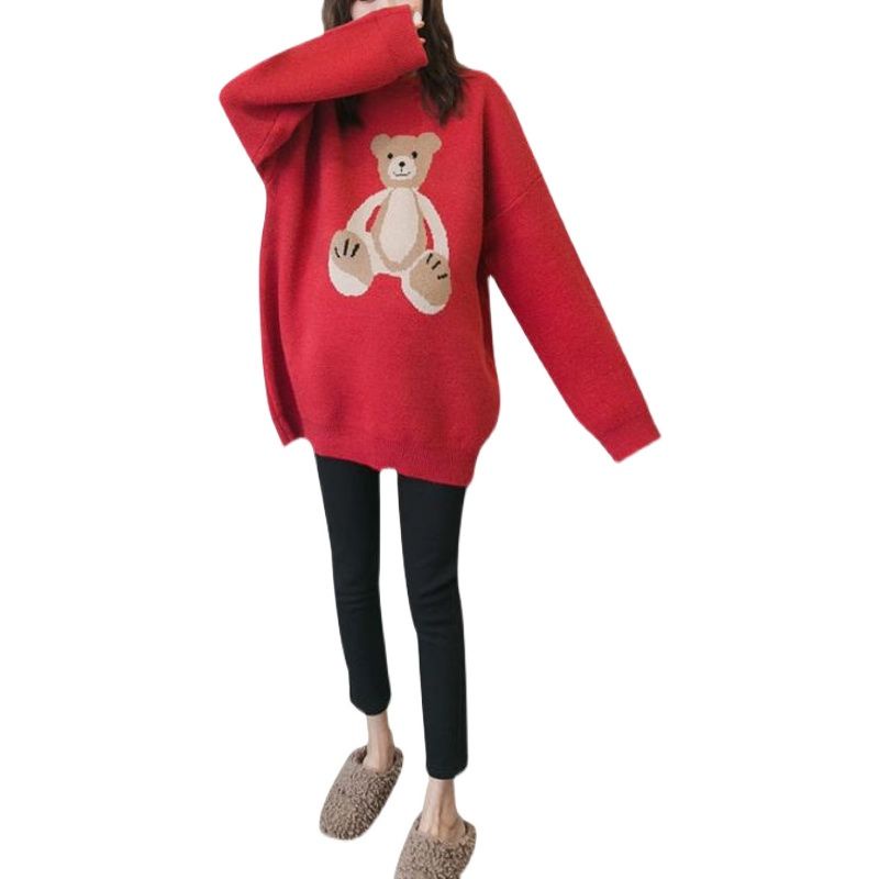 Áo sweater dệt kim dáng rộng in hình gấu hoạt hình phong cách Hàn Quốc