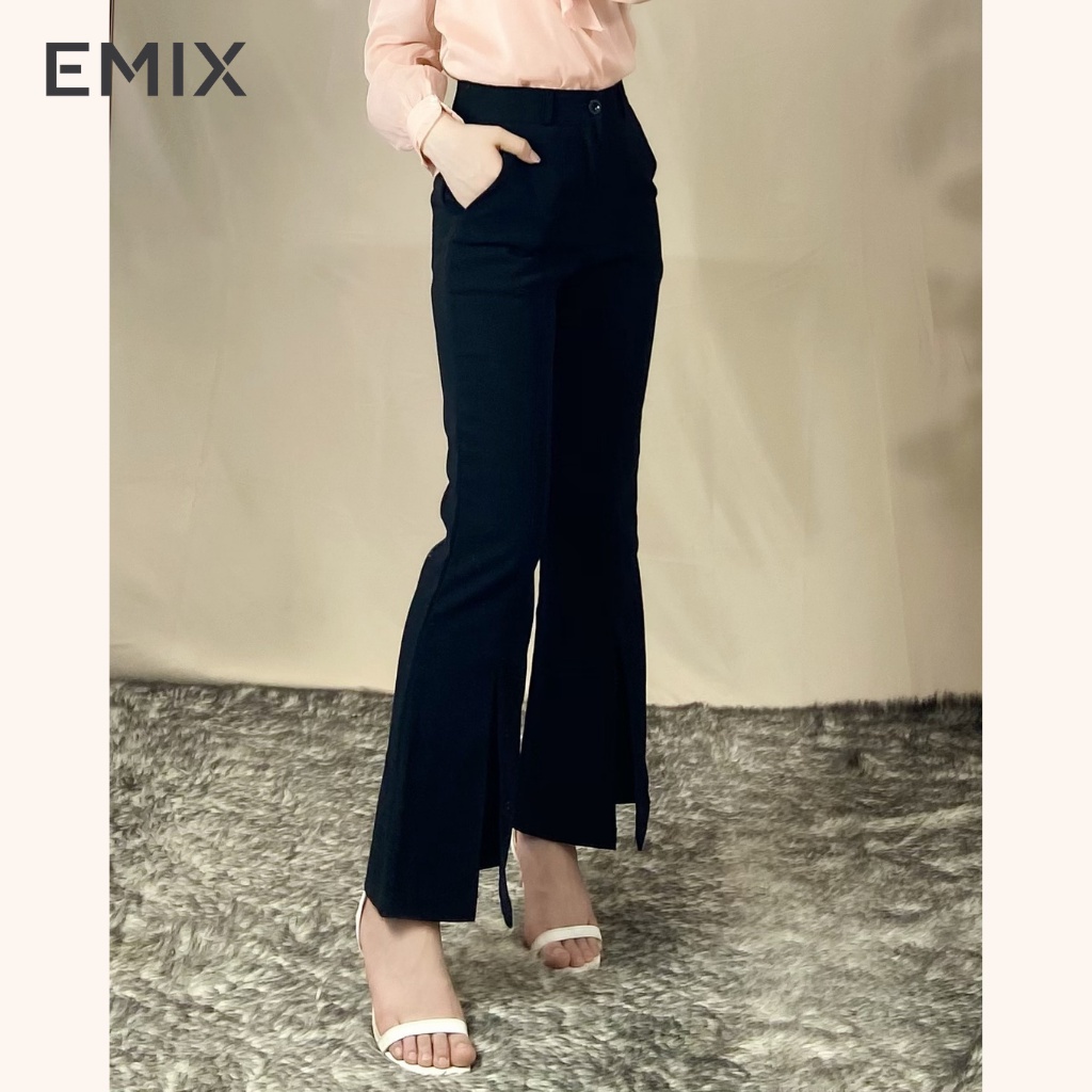 Quần tây nữ công sở ống loe xẻ trước EMIX (màu đen), dáng dài 92cm, cạp cao, khóa giữa, ống loe, chất tuyết mưa 2026
