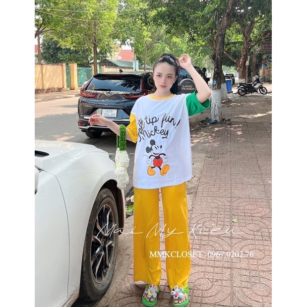 ( Xã kho)Set quần suông áo cotton micky phối viền xinh xắn