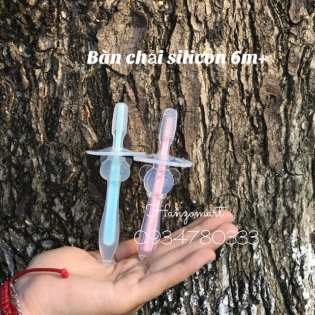 [6m+] Bàn chải silicon Dophin siêu mềm có cán chặn cho bé