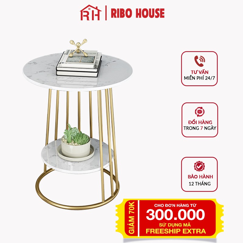 Bàn trà tròn sofa RIBO HOUSE mặt đá vân mây tab 2 tầng khung kim loại sơn tĩnh điện ngồi uống trà cafe ban công RIBO93