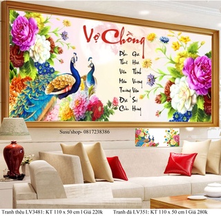 Tranh đính đá ( giá sỉ) vợ chồng  chim công  LV531 (110 x 50 cm), tranh thêu LV3481 (110x50cm)