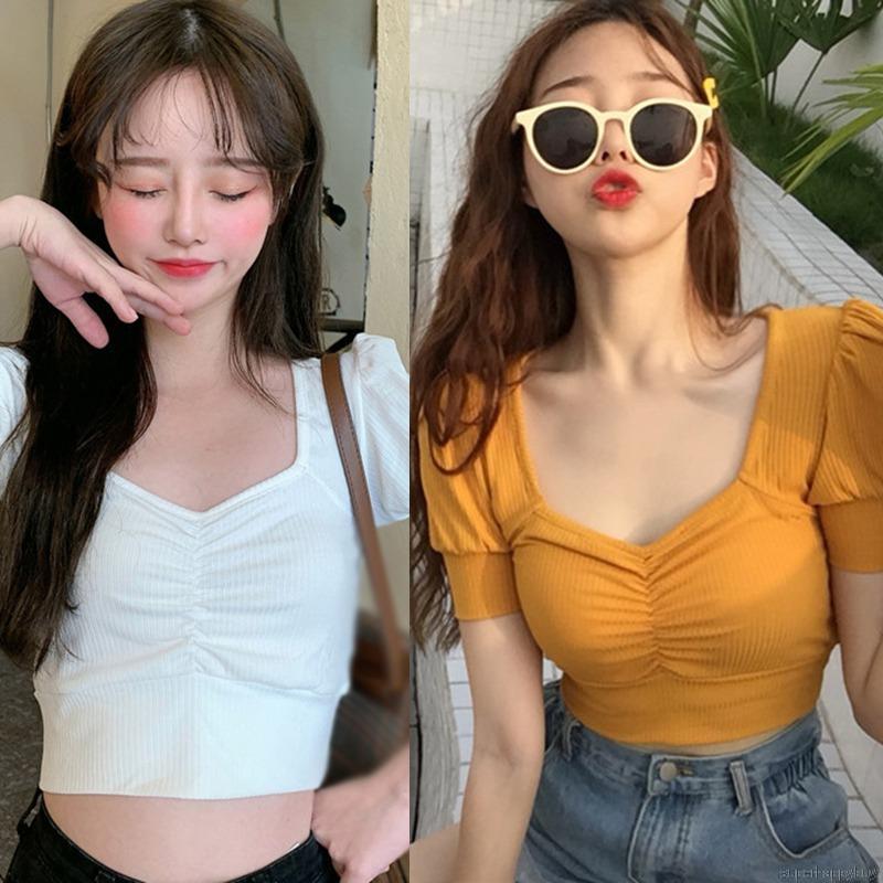 Áo Croptop Tay Ngắn Cổ Vuông Thiết Kế Màu Trơn Thanh Lịch