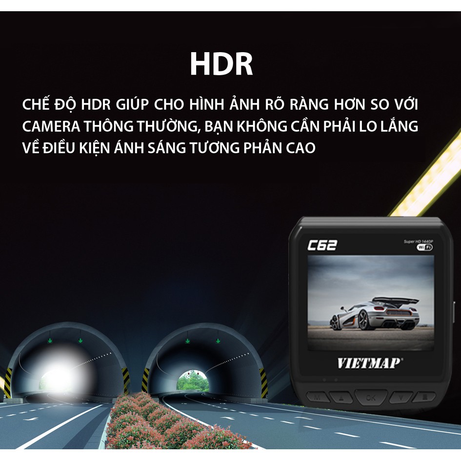 Camera hành trình Vietmap C62 Ghi hình Ultra HD 2K. Quay hai mắt đồng thời – cảnh báo giao thông