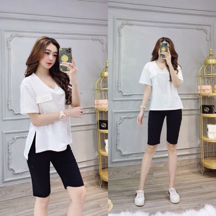 Bộ Đồ Nữ Thun Cotton Cao Cấp Quần Lửng Áo Cổ Tim Ngắn Tay Xẻ Tà Cá Tính Mẫu Mới 2020