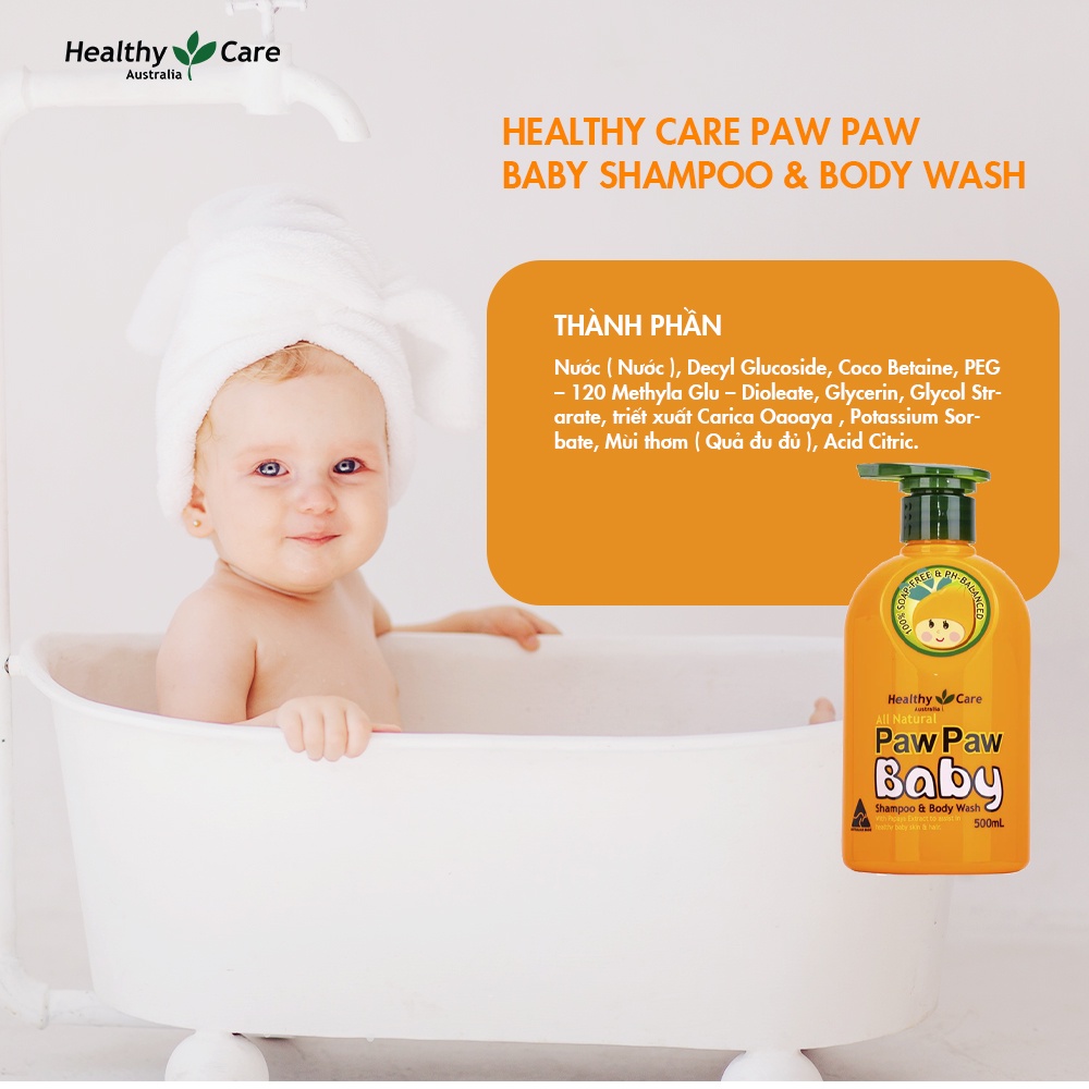 Sữa tắm gội Healthy Care Paw Paw Baby cho bé chiết xuất đu đủ lành tính 500ml