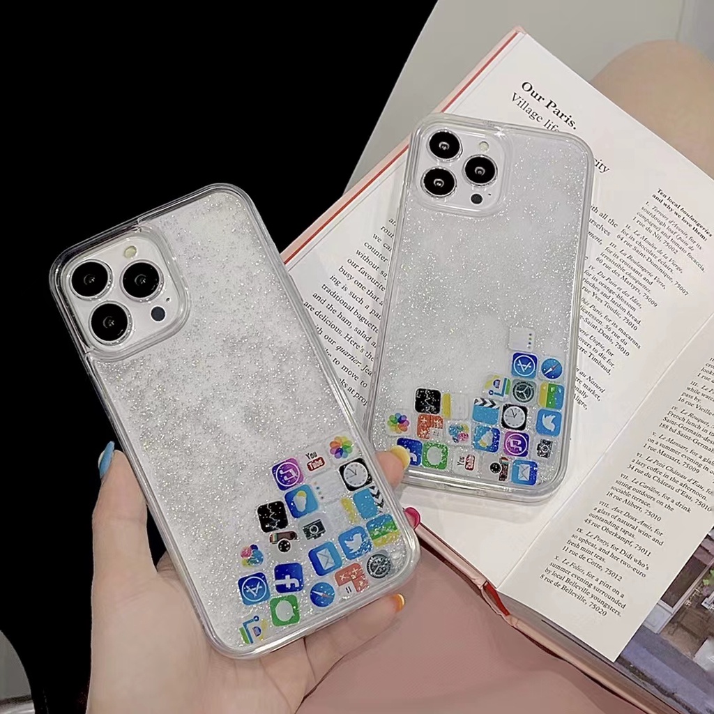 Ốp điện thoại kim tuyến lỏng hình các biểu tượng thích hợp cho IPhone 13 14 12 11 Pro Pmax 12 Mini XS Max XR XS 7 8 6 Plus