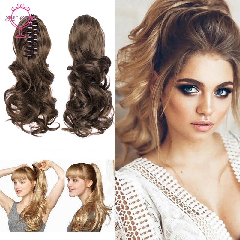 BY Clip-On Curly Ponytail Hair Extension Women Claw On Long Wavy Wig Hair Piece