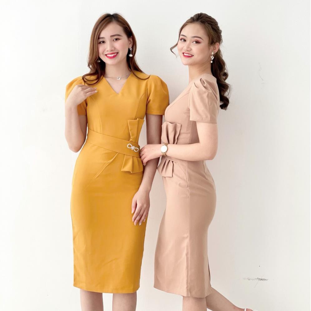 Đầm dáng ôm  đính nơ cao cấp cổ V đầm body mango công sở  Emvy K3 ! ⚡