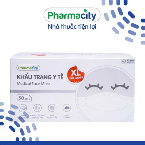 Khẩu trang y tế màu trắng 3 lớp Pharmacity size XL(Hộp 50 cái)