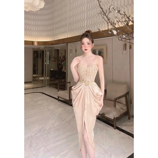 Đầm body lưới 2 dây phối phi thun lụa cao cấp sang trọng kết đá tráng gương tròn TRIPBLE T DRESS - size M/L - MS357V