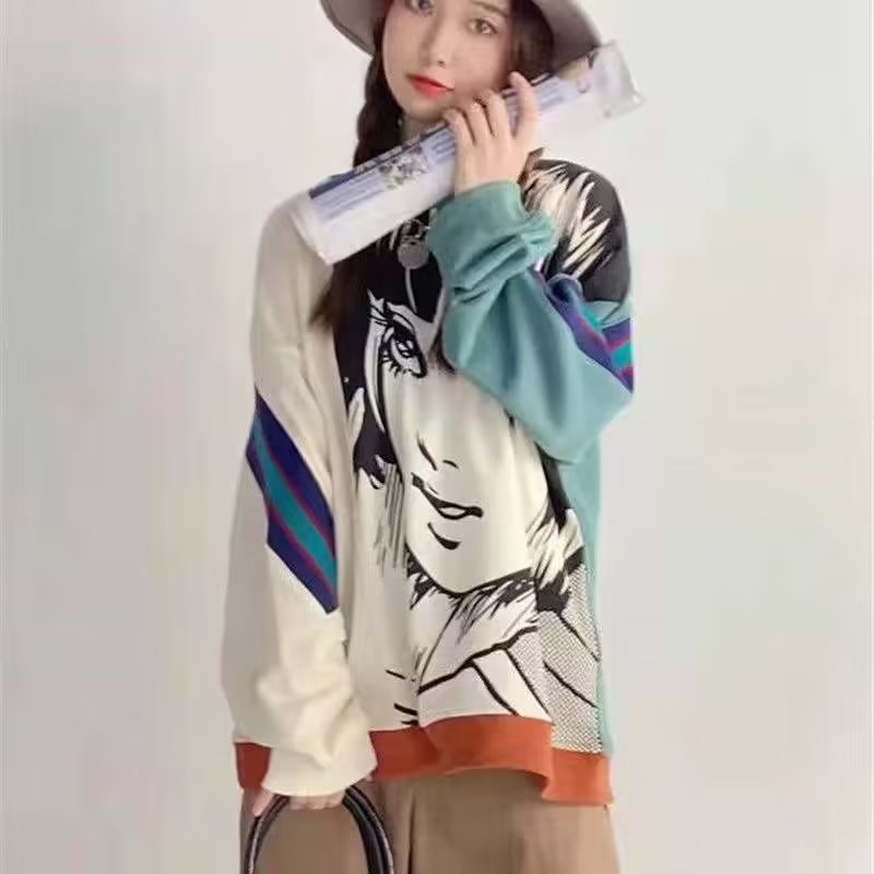 Áo sweater Tay Dài Dáng Rộng In Họa Tiết Hoạt Hình Phong Cách Đường Phố