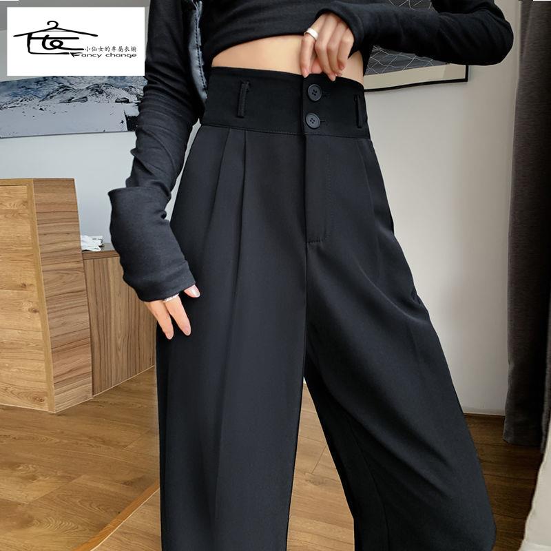 Quần Dài Ống Rộng Lưng Cao Màu Đen Phong Cách Hàn Quốc Thời Trang Xuân Thu Cho Nữ