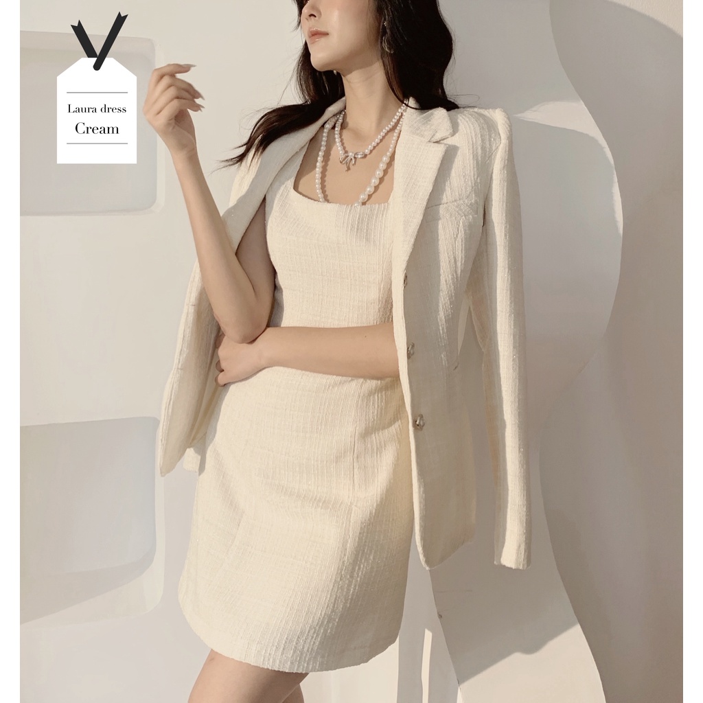 Váy tiệc nữ thiết kế  H.I.U ROOM Laura tweed hàn cao cấp, 2 dây dáng ngắn kèm set áo VEST. | BigBuy360 - bigbuy360.vn