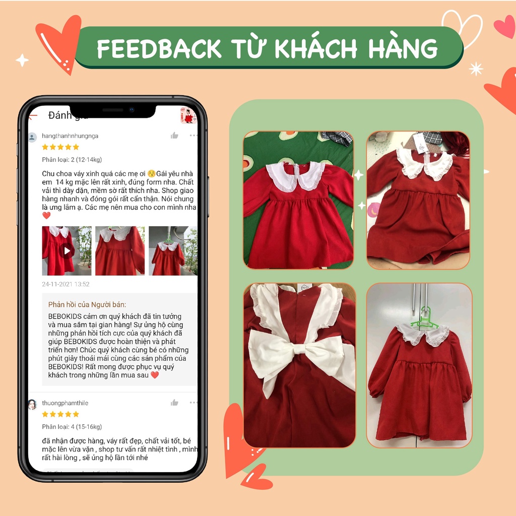 Váy đầm công chúa thiết kế cổ bèo nơ lưng mùa xuân siêu xinh xắn cho bé gái (10-28kg) nhung len đỏ A01