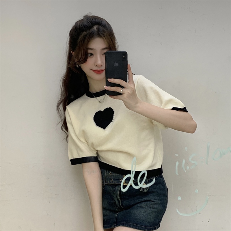 Áo croptop dệt kim XIAOZHAINV tay ngắn in họa tiết trái tim phong cách Hàn Quốc xinh xắn cho nữ