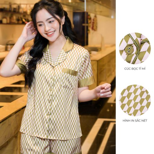 Bộ Pyjama satin ZAM Luxury - CDA56 - áo ngắn tay quần đùi hoạ tiết