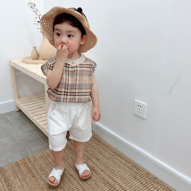 [Babycat] Áo Sơ Mi Mỏng Không Tay Kẻ Sọc Caro Phong Cách Nhật Bản Hàn Quốc Thời Trang Mùa Hè Cho Bé Trai