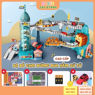 Bộ đường đua ô tô hầm sư tử kèm gara thang máy tự động, âm thanh vui nhộn, sử dụng pin, đồ chơi đường đua cho bé