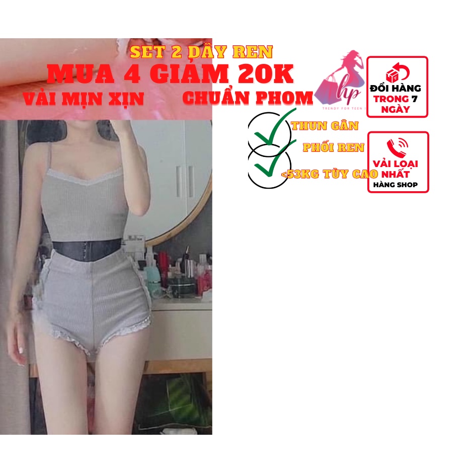 Set đồ nữ áo croptop 2 dây kèm quần cộc ngắn phối ren thun gân mặc nhà ngủ- -set ngủ - vd40