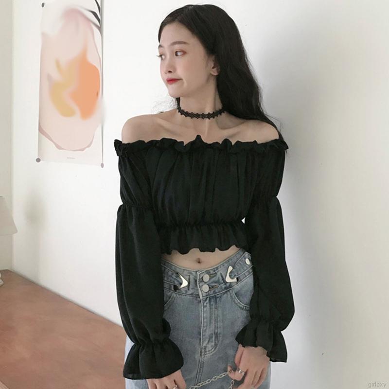 Áo trễ vai tay phồng màu trơn thời trang cho nữ