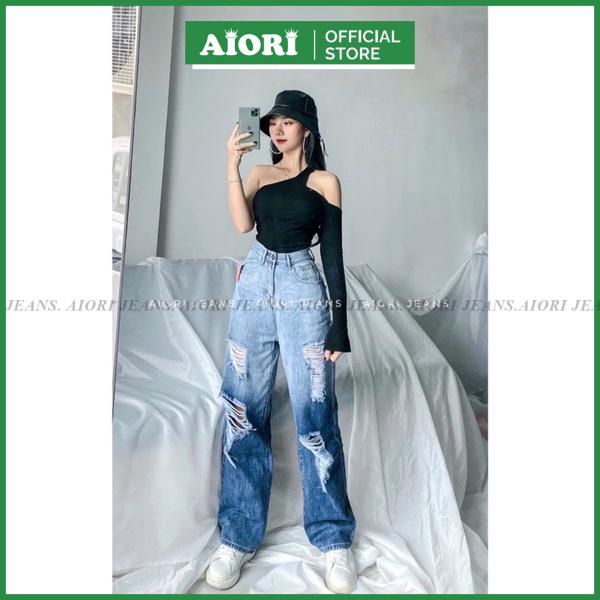 Quần Jean Nữ Aiori Fashion Ống Rộng Lưng Cao Trơn Rách Gối Kiểu Bò Suông Cạp Cao Thời Trang Hàn Quốc Ulzzang_S86