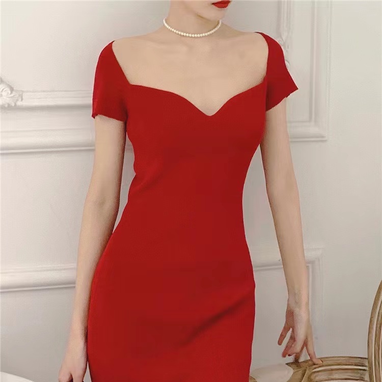 Đầm SUXI dệt kim tay ngắn màu trơn thời trang xuân hè dành cho nữ