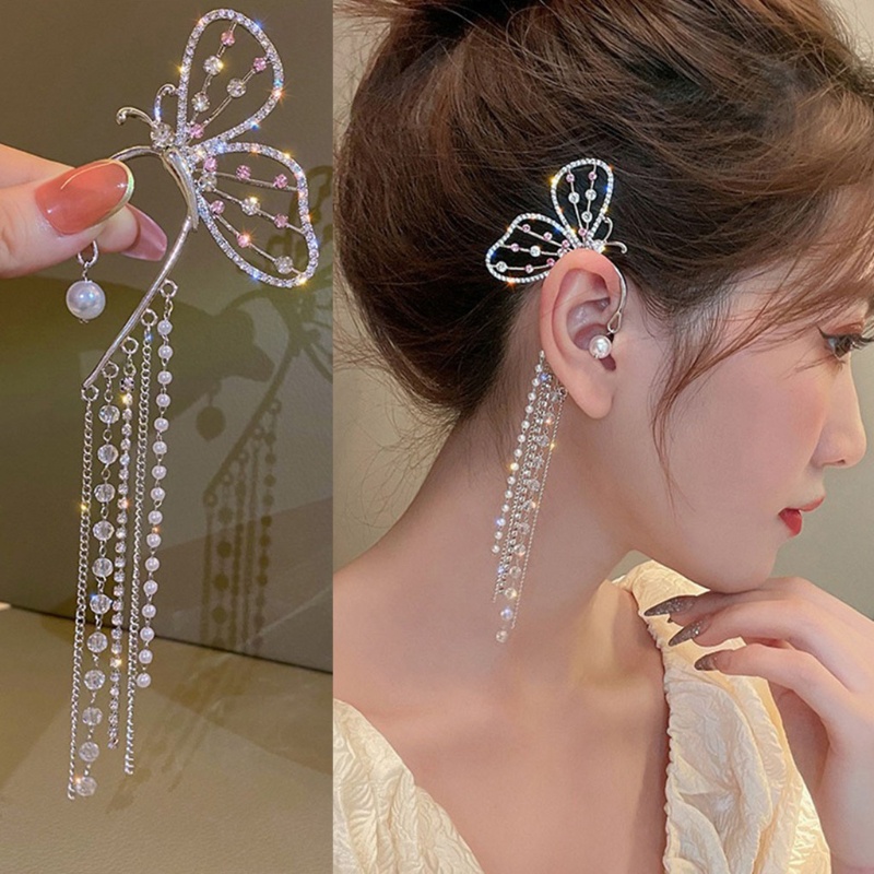 Bông Tai Hình Cánh Bướm Đính Ngọc Trai Phối Tua Rua Thời Trang Dự Tiệc