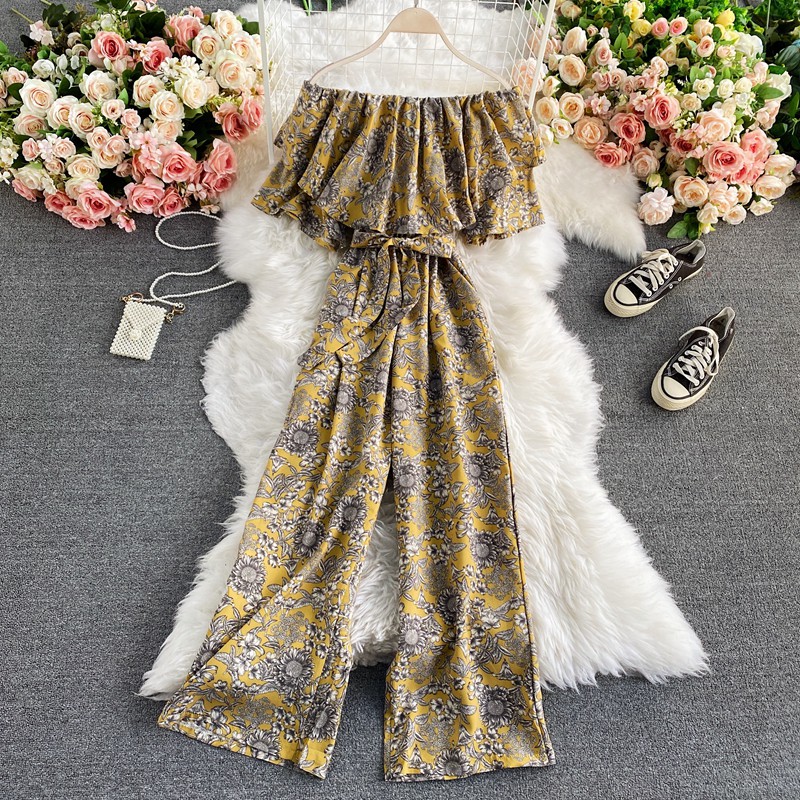 (sẵn nâu sẫm )Jumpsuit hoa ống loe rộng, bệt phủ vai xinh cực