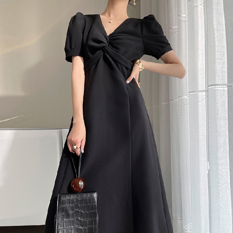 Đầm Tay Ngắn Cổ Chữ V Màu Sắc Trơn Phong Cách Hàn Quốc Thời Trang Mùa Hè Xinh Xắn Cho Nữ