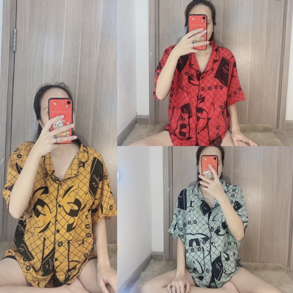 Đồ bộ ngủ mặc nhà Pyjama cánh dơi ,tay ngắn quần short kate lụa hình họa tiết chữ nổi bật.CD002