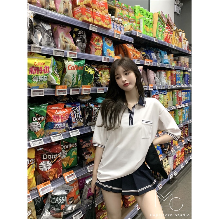 Áo phông POLO ngắn tay màu trắng rộng rãi phong cách Ulzzang