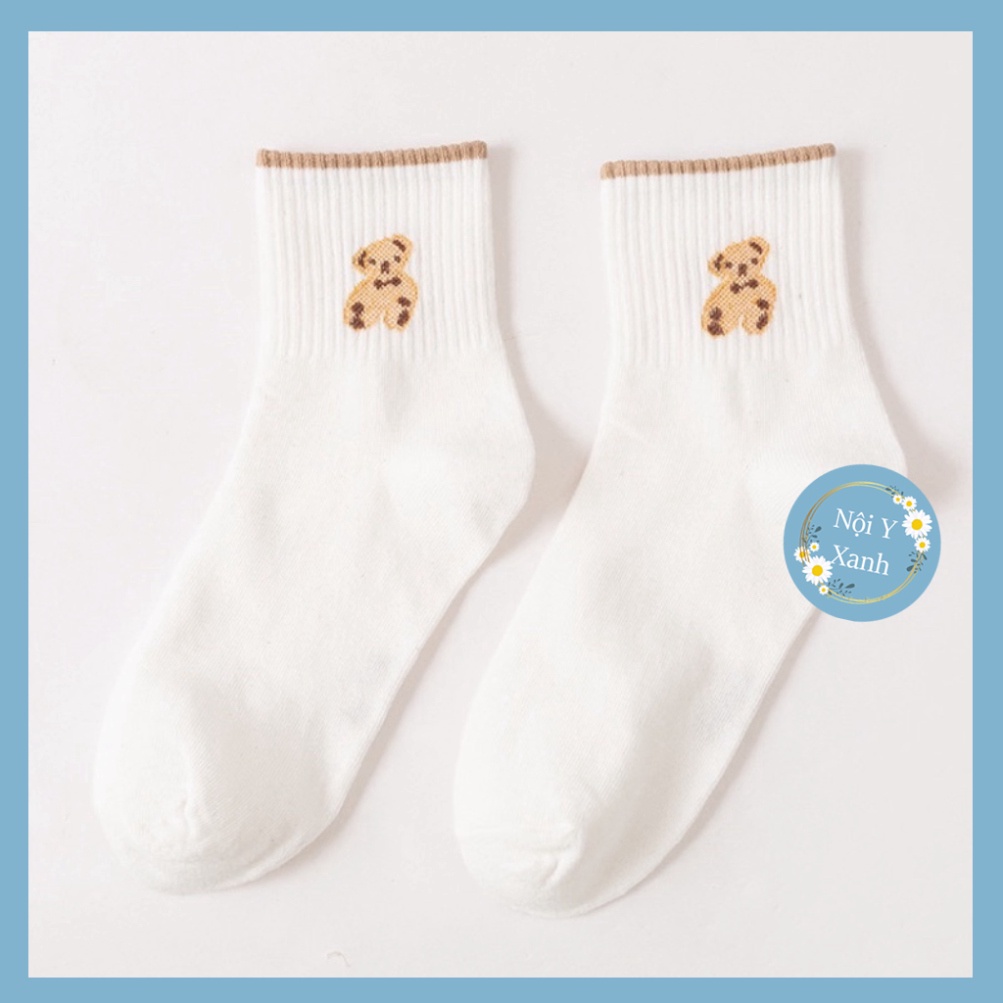 Tất dệt kim cổ cao thêu gấu Phong Cách Vintage Hàn Quốc Mẫu tcc2 Nội Y Xanh chất thoáng mát cao cấp